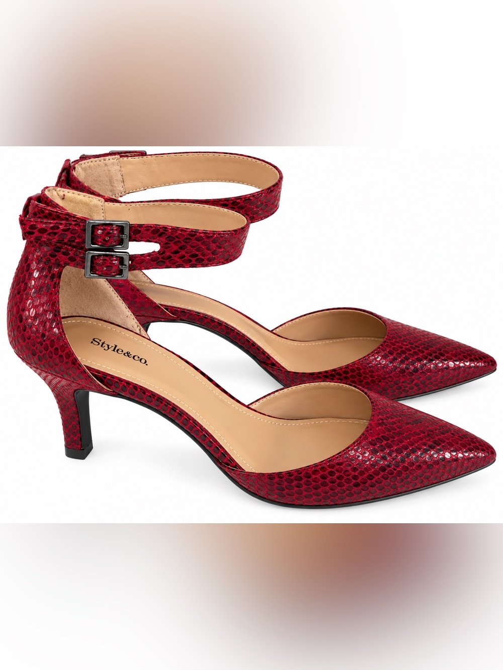 Style & Co. Red Snake-Print Ankle-Strap Pumps